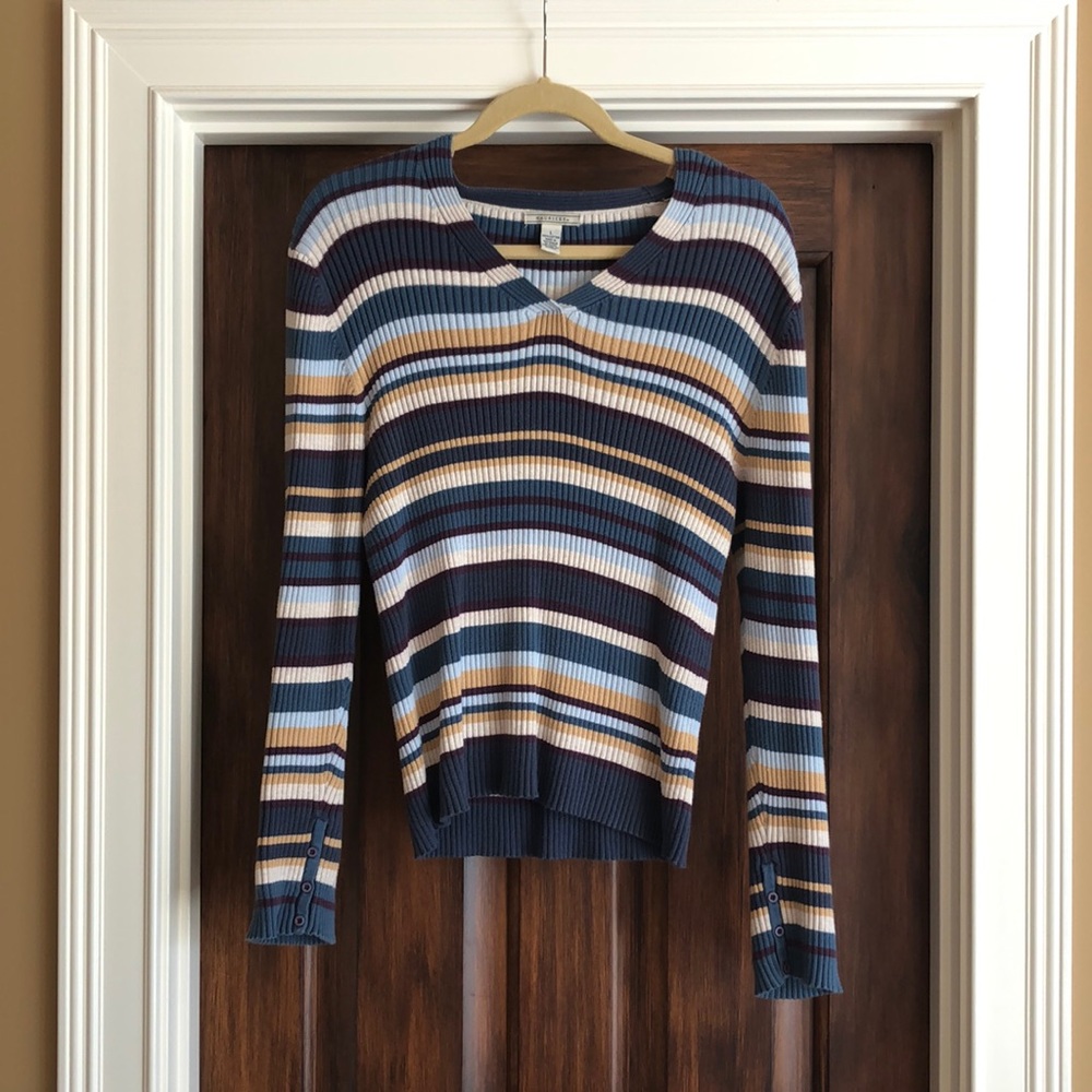 Maurices 100% Cotton Blue V-neck Striped Sweater